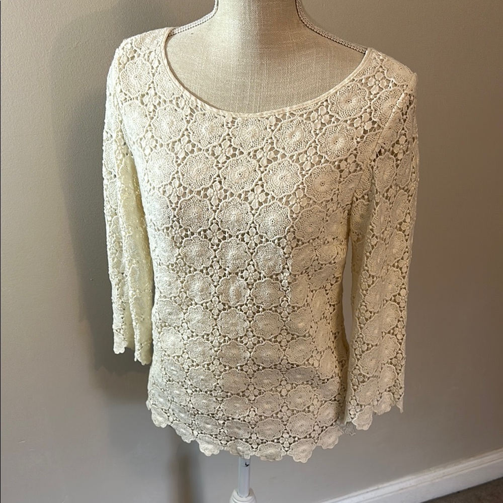 Talbots Cream 3/4 Sleeve Lace Blouse
